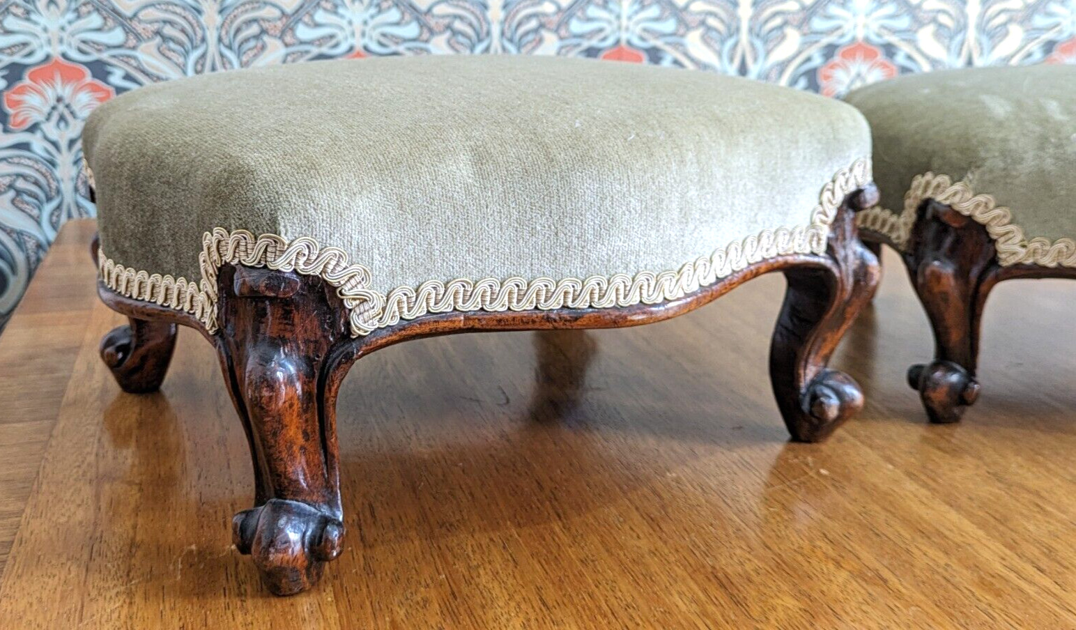 Pair of 19th Century Walnut Wood Cabriole Leg Green Footstools Victorian Antique