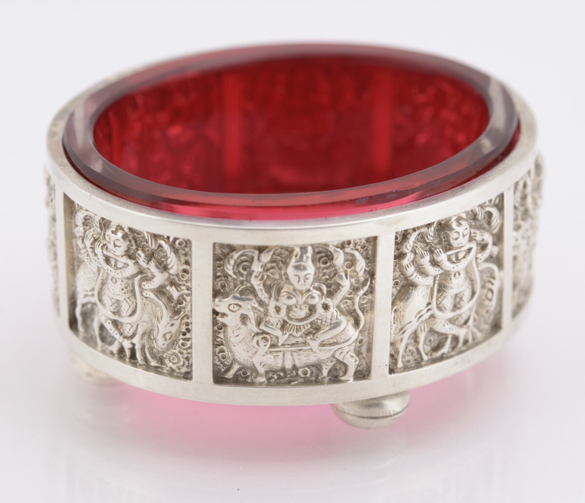 Pair Antique Victorian Sterling Silver & Cranberry Glass Salts Hallmarked 1888