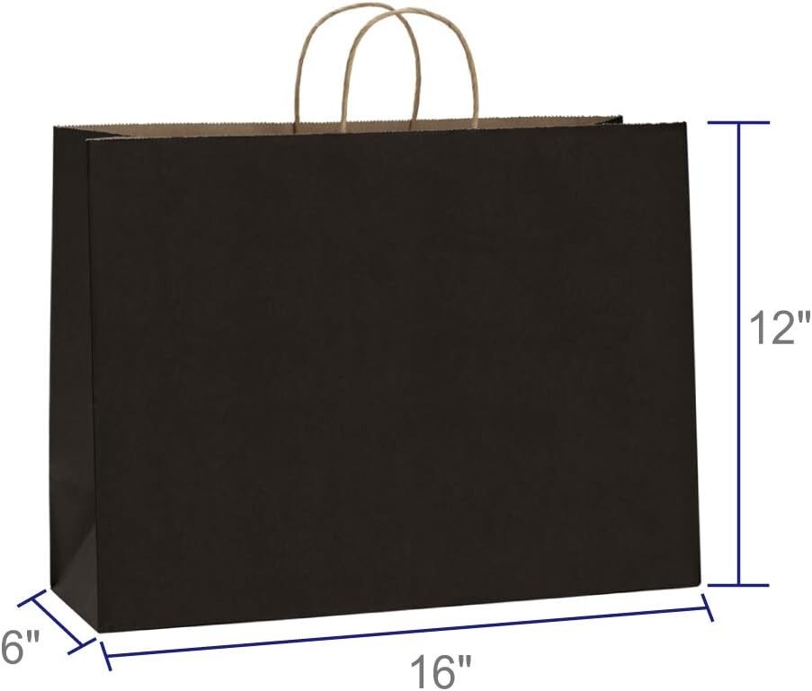 Paper Shopping Bags 250 Black Kraft 16" x 6 x 12" Retail Merchandise Handles