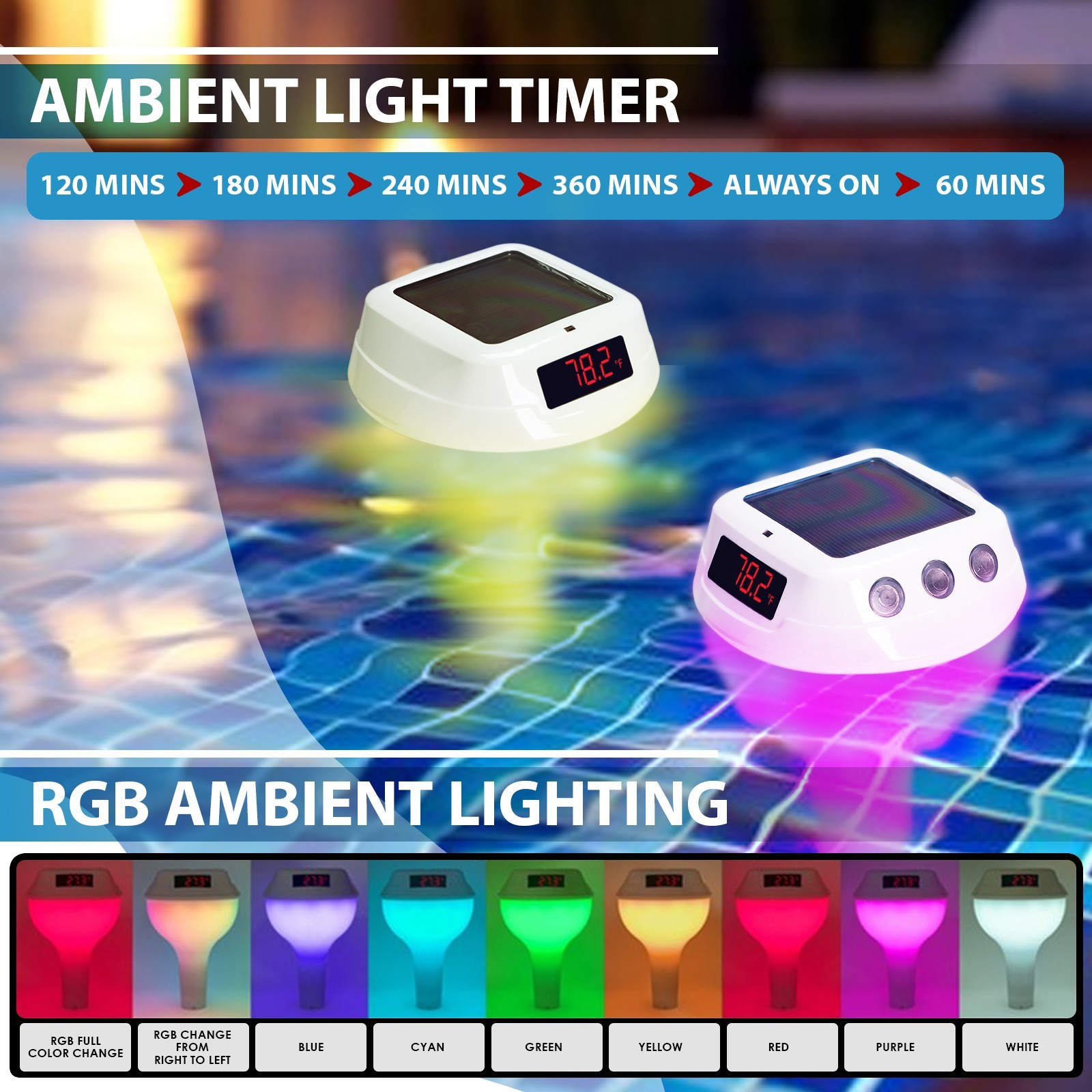 ILTH-518 Solar Wireless Pool Thermometer RGB IP68 Floating with Receiver