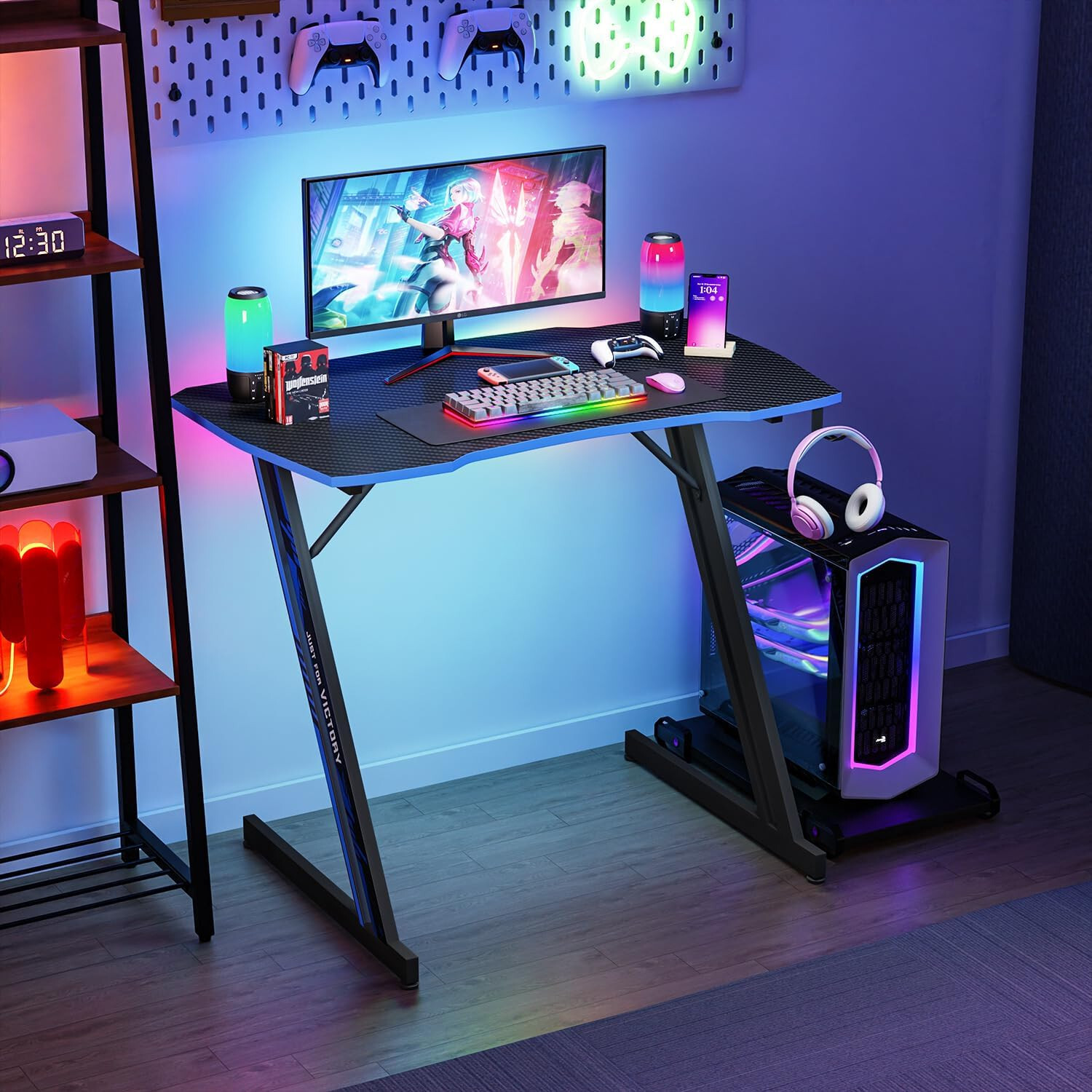 35 Inch Modern Z-Shaped Gaming Desk Computer Desk for Home Office with Headphone