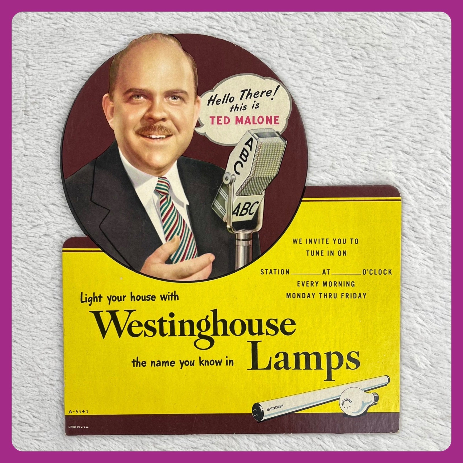 1940s Westinghouse Lamps Vintage Advertising Sign 11" Ted Malone ABC Radio