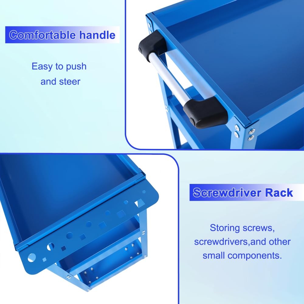 3 Tier Blue Rolling Mechanic Tool Cart on Wheels, 450 LBS Heavy Duty Steel