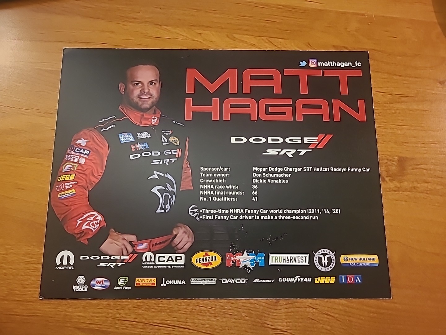 2021 Matt Hagan NHRA Hero Card Autographed Signed