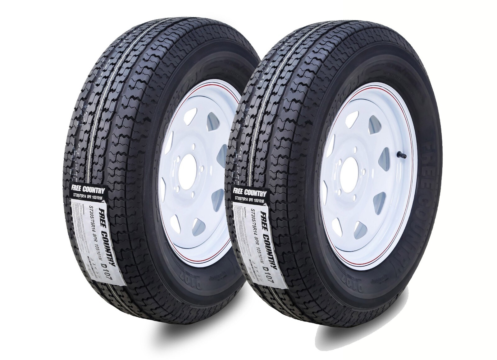 2 FC Trailer Tire Assembly ST205/75R14 8-Ply White Spoke Rim 5 Lug on 4.5"