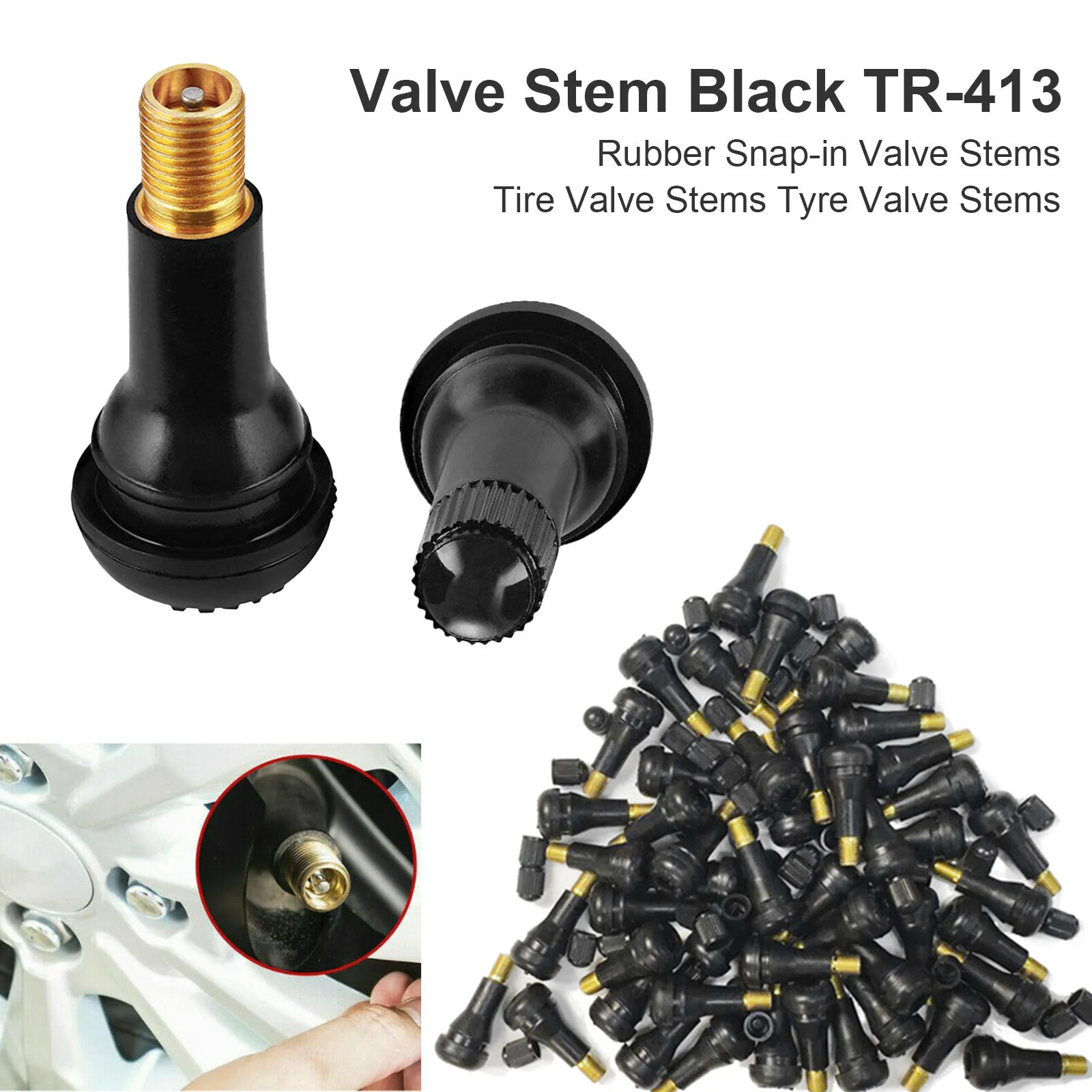 Tire VALVE STEMS TR 413 Snap-In Car Auto Short Rubber Tubeless Tyre Black