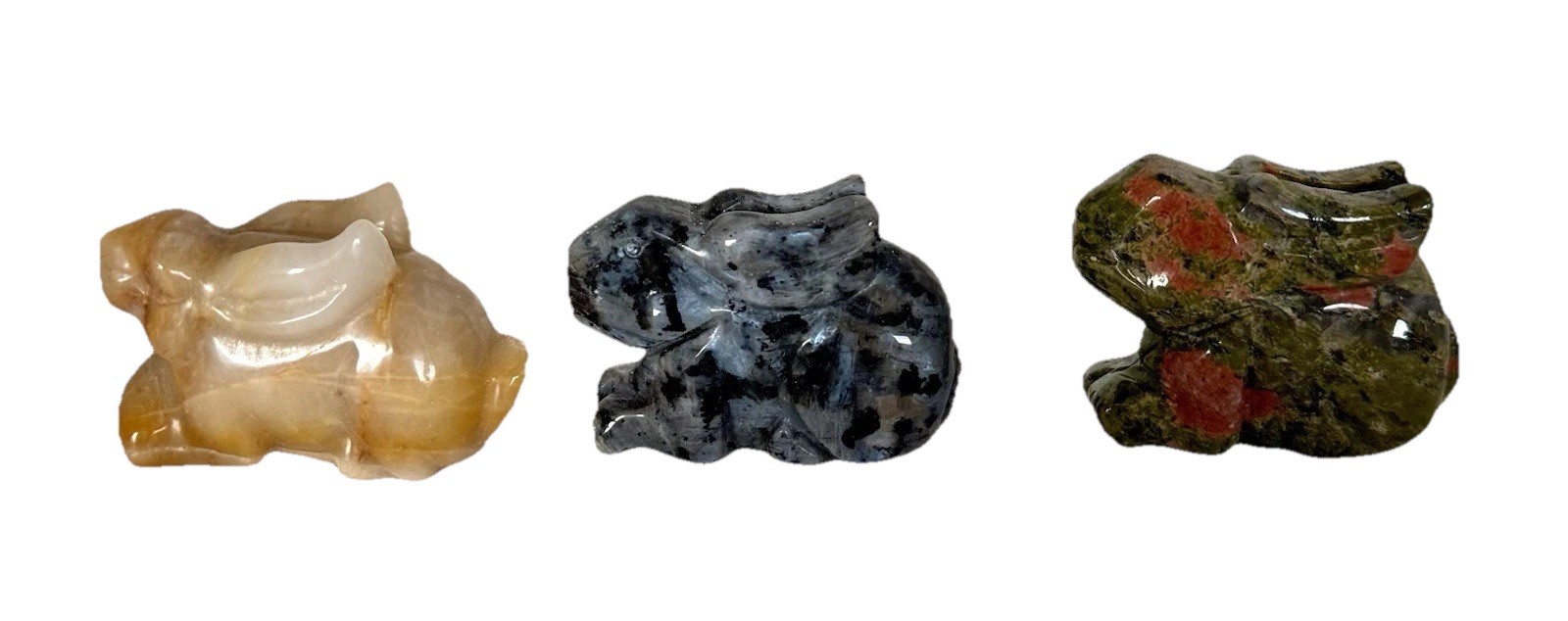 2” Crystal Bunny Rabbits Carvings Calcite, Larvakite, Unikite