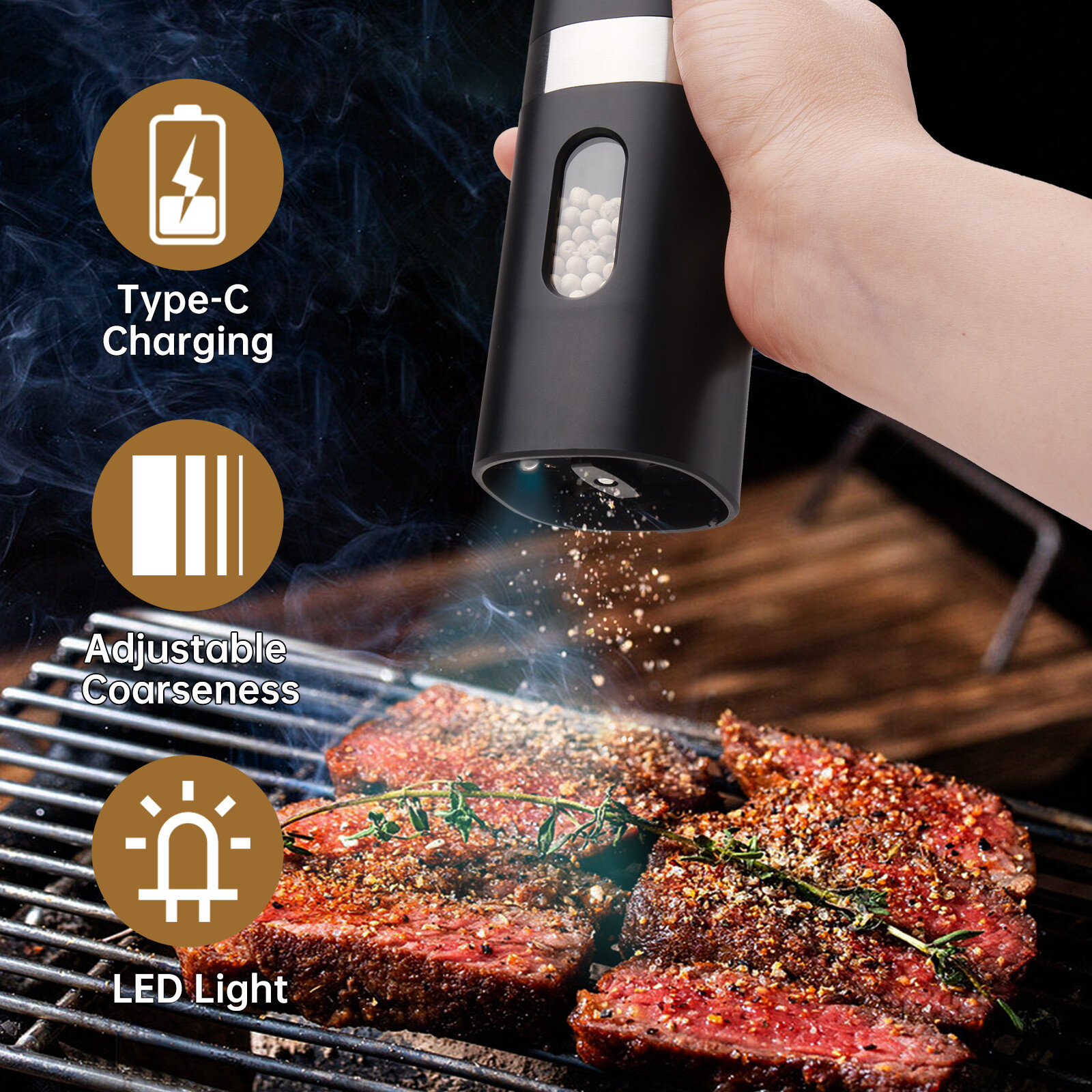 Electric Salt and Pepper Grinder Set with Rechargeable Base Mill-Adjustable
