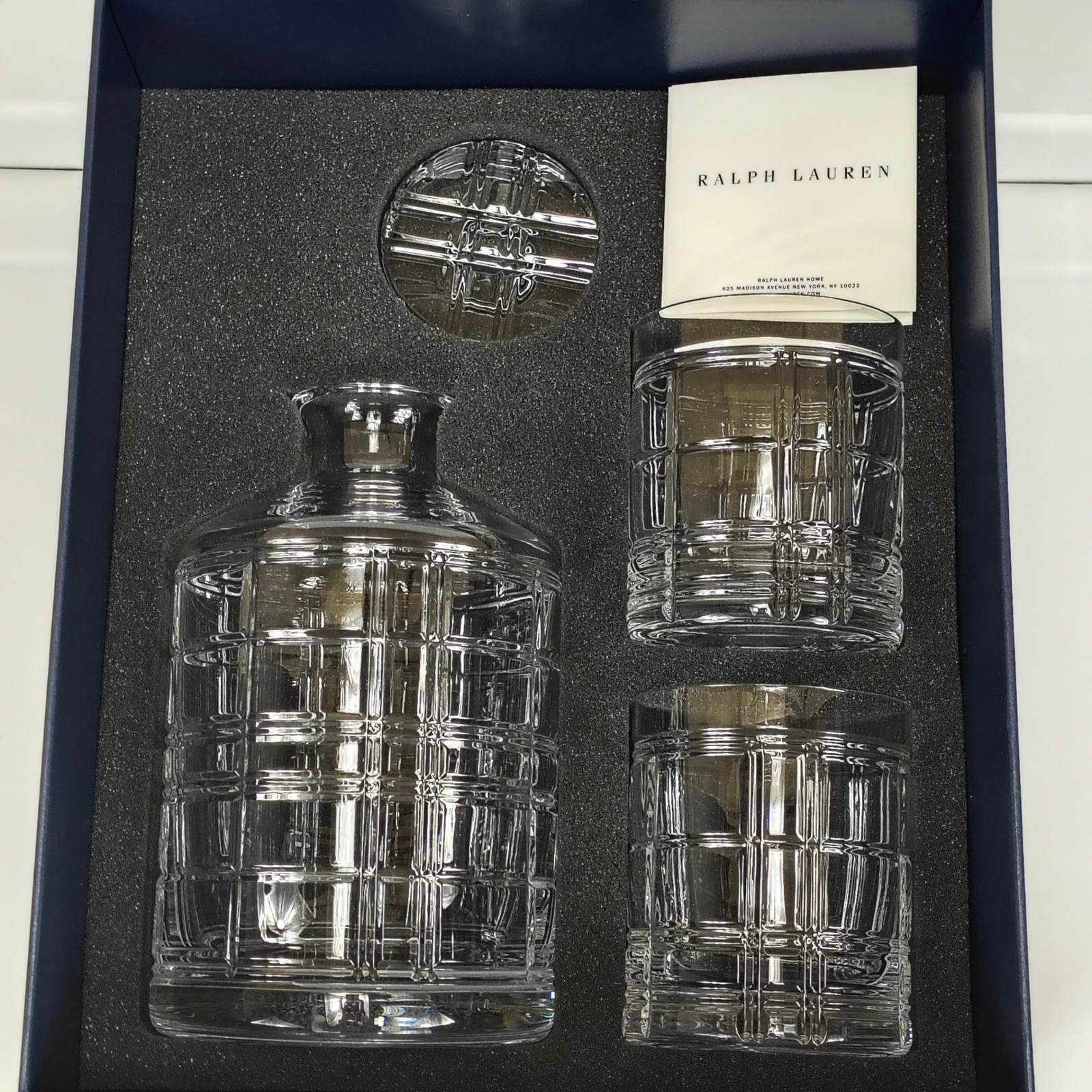 Ralph Lauren Hudson Plaid Crystal Decanter and 2 Glasses Gift Set