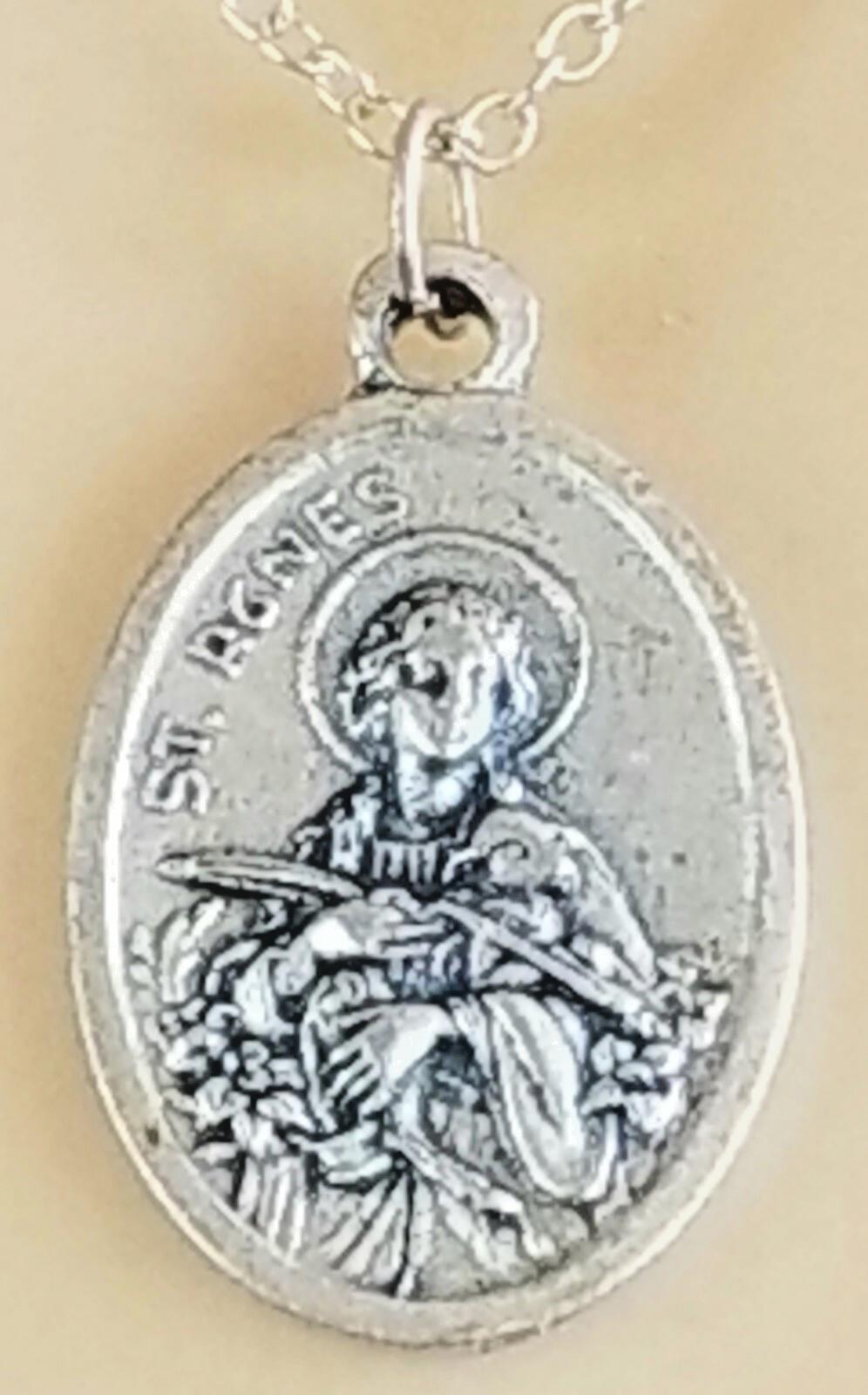 Vtg St Agnes Medal 925 Sterling Silver Chain Saint Pendant Necklace 18" Italy