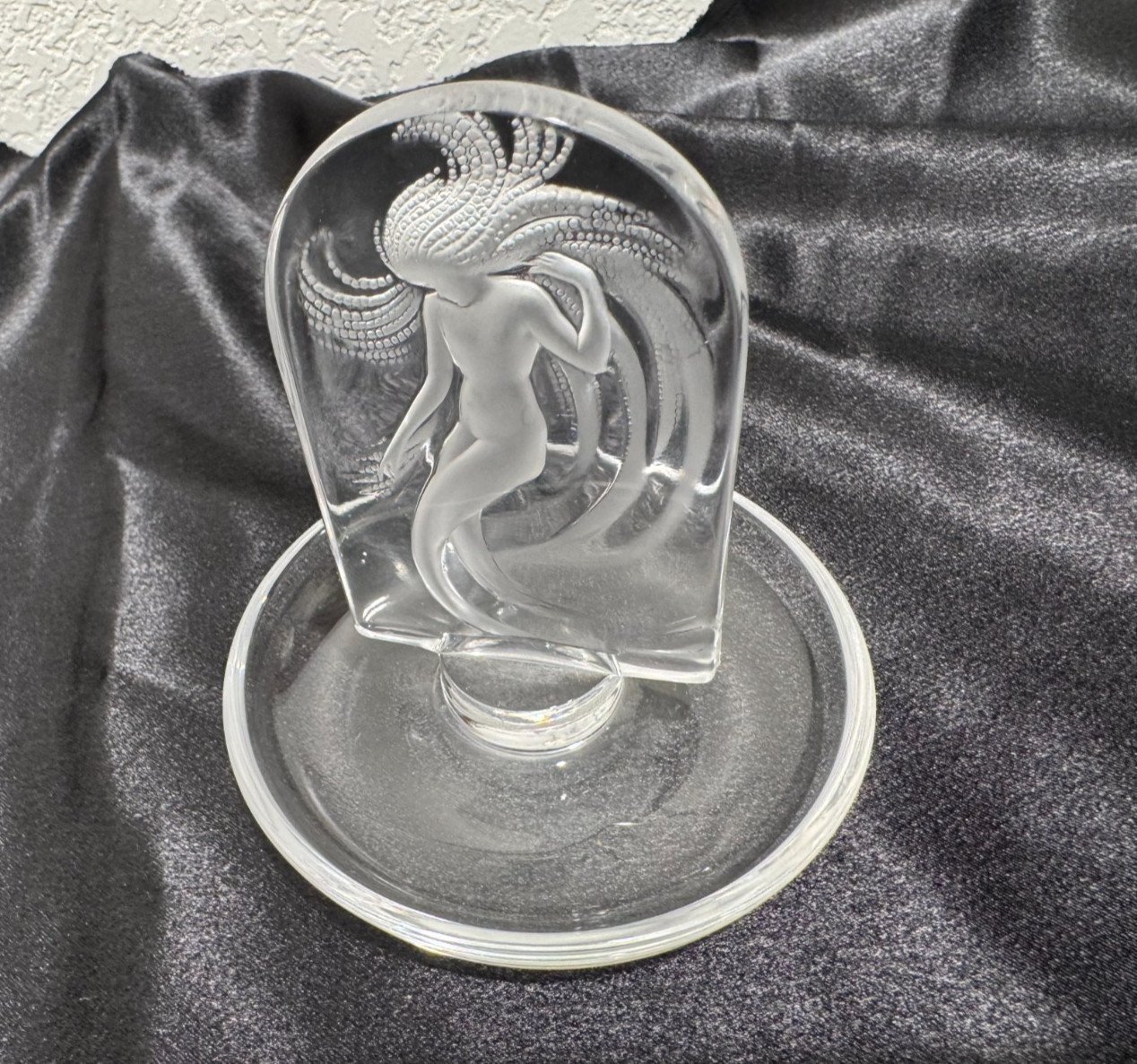 Lalique Naiade Water Nymph Nude Mermaid Pin Ring Tray Dish 4" French Glass Round