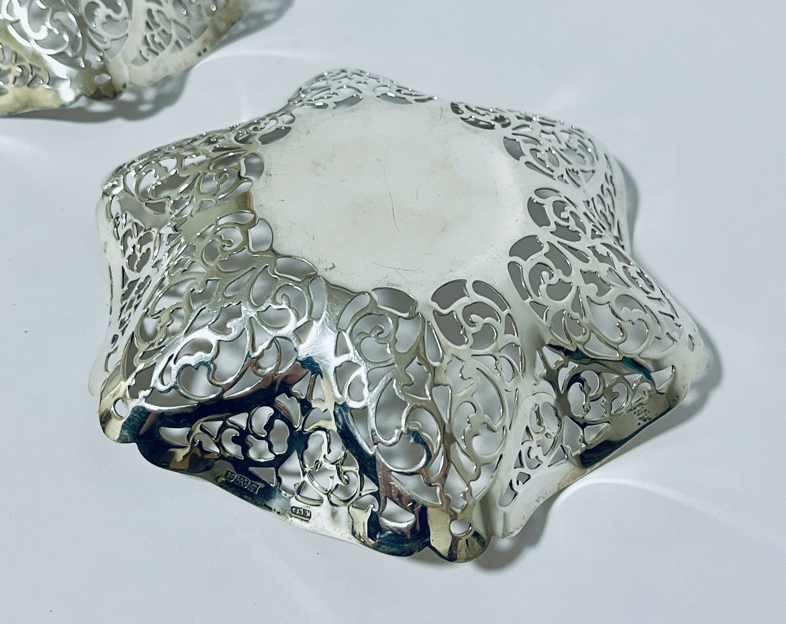 Matching Pair Antique Vintage Solid Sterling Silver Bonbon Dishes / Bowls