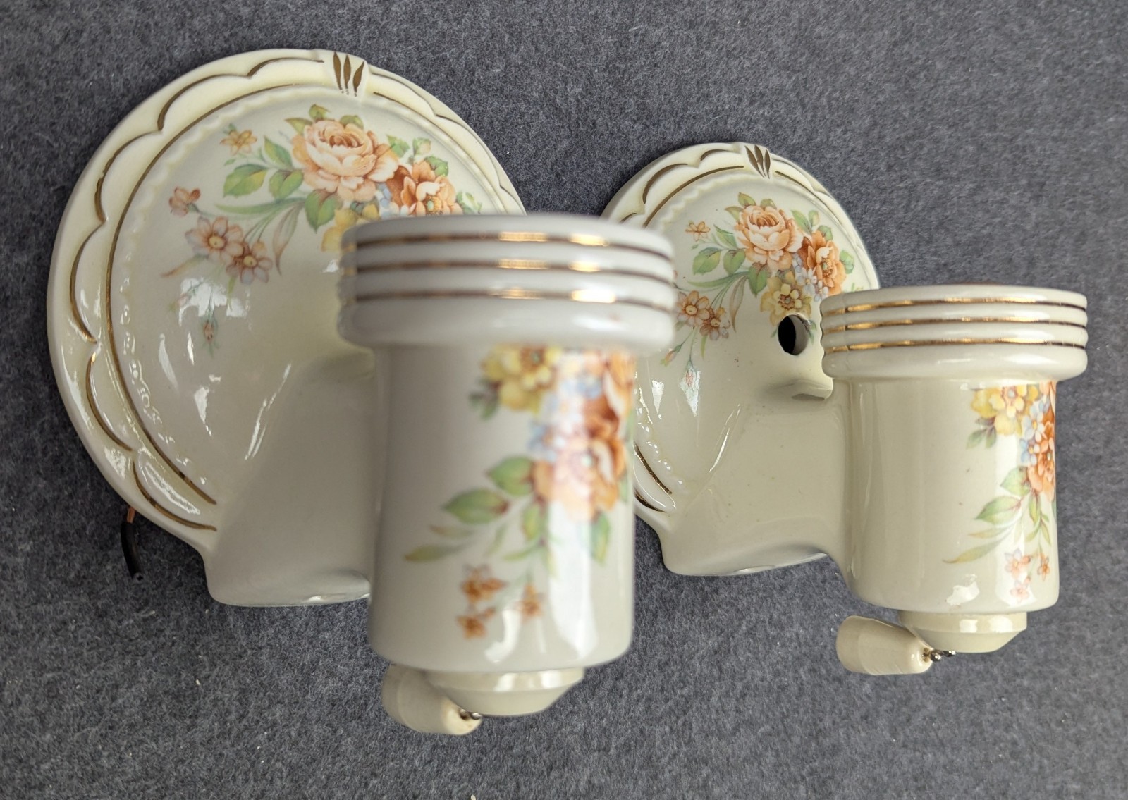 Restored Pair Porcelier Art Deco-MCM Porcelain Sconces, Glass Shades, Excellent!