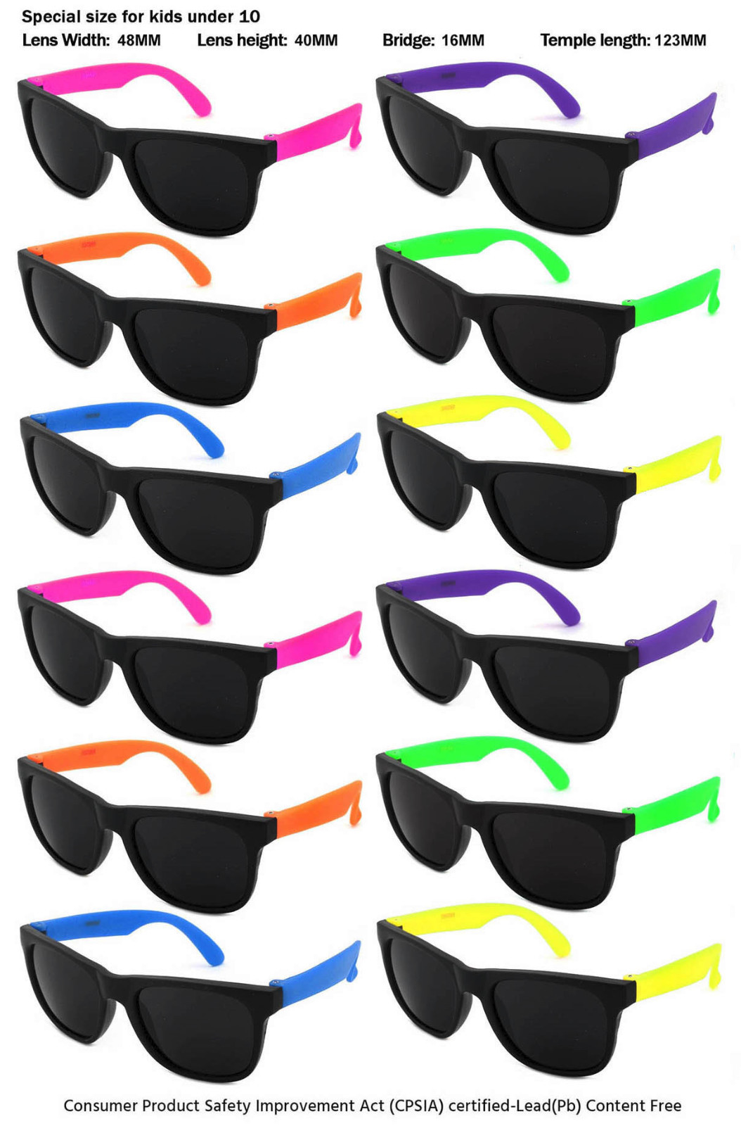 12 Pack Kids Size Neon Sunglasses w/CPSIA certified-Lead(Pb) Content Free 9402R