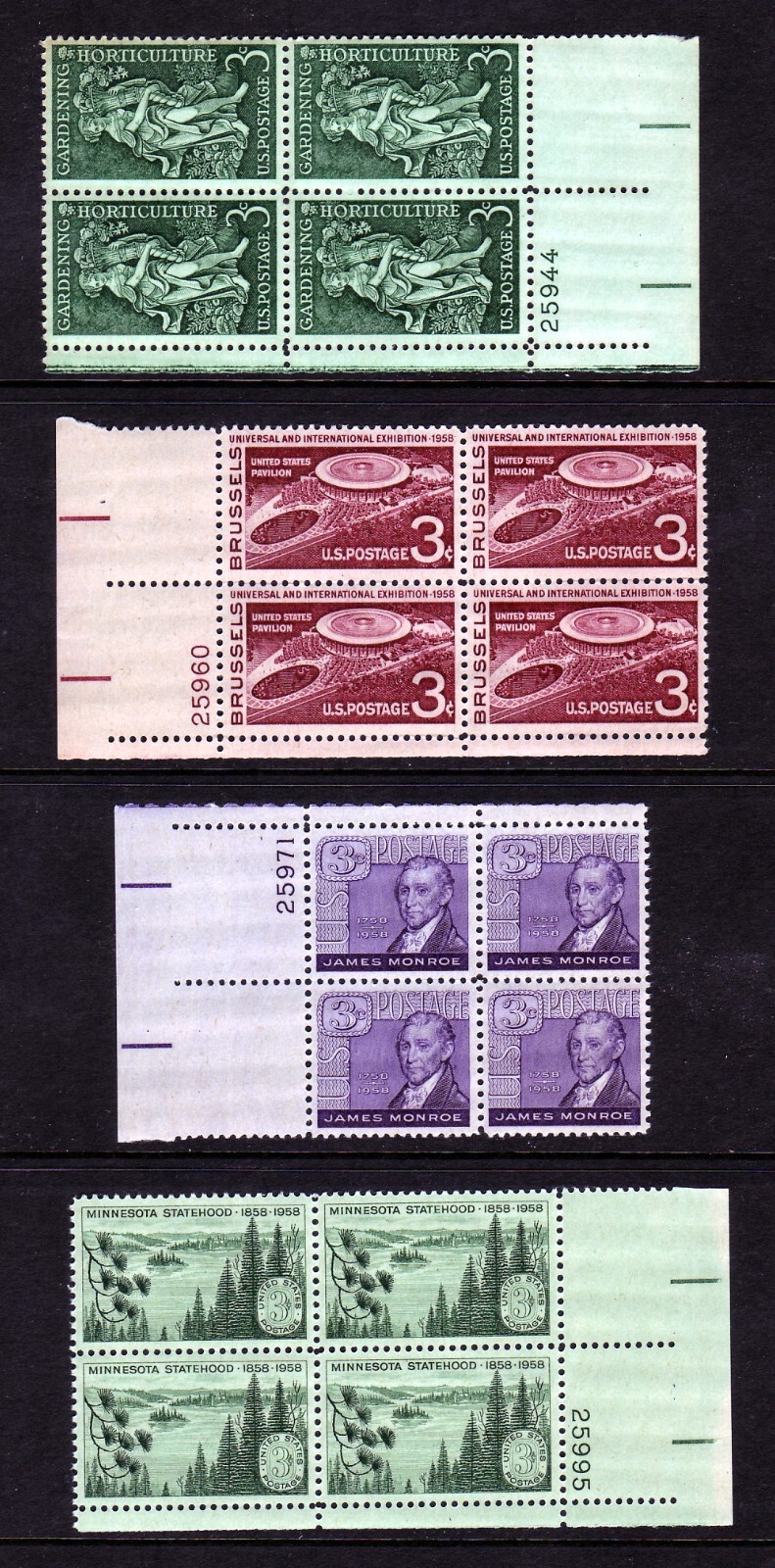 1958 COMMEMORATIVE PLATE BLOCK YEAR SET.  (21) DIFFERENT.  SCV $21.25