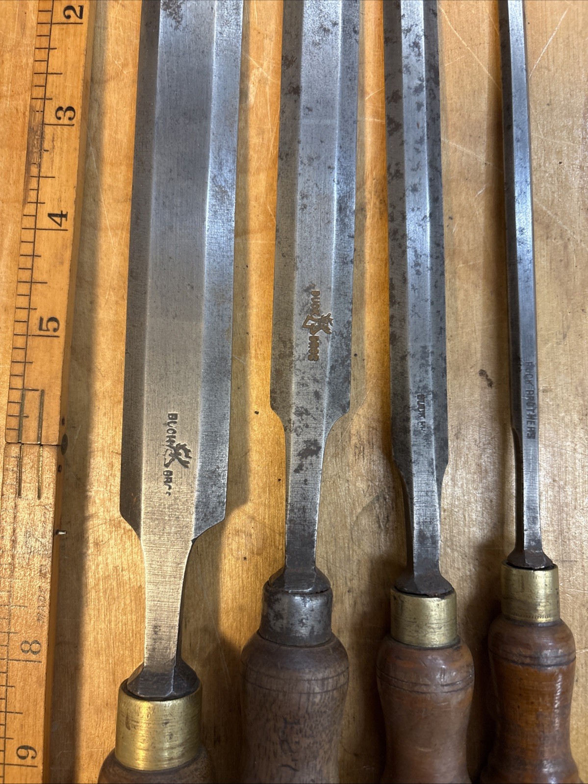 Vintage Set Of 4 Buck Bros Paring Chisel 1”, 3/4”, 1/2”, 1/4” Wide USA Wood