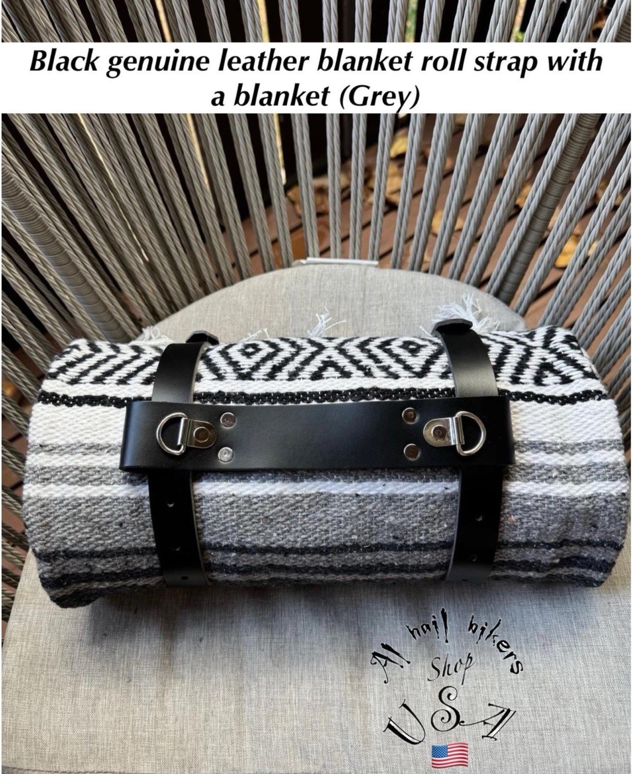 Black Genuine Leather Blanket Roll / Bed Roll Strap With A Blanket (Grey)