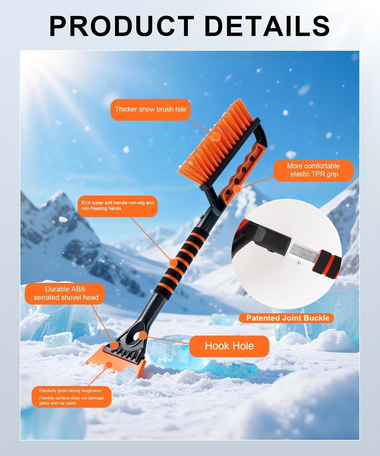 Ice Scraper Snow Brush for Car Windshield 2in1 Extendable Handle Winter Tool