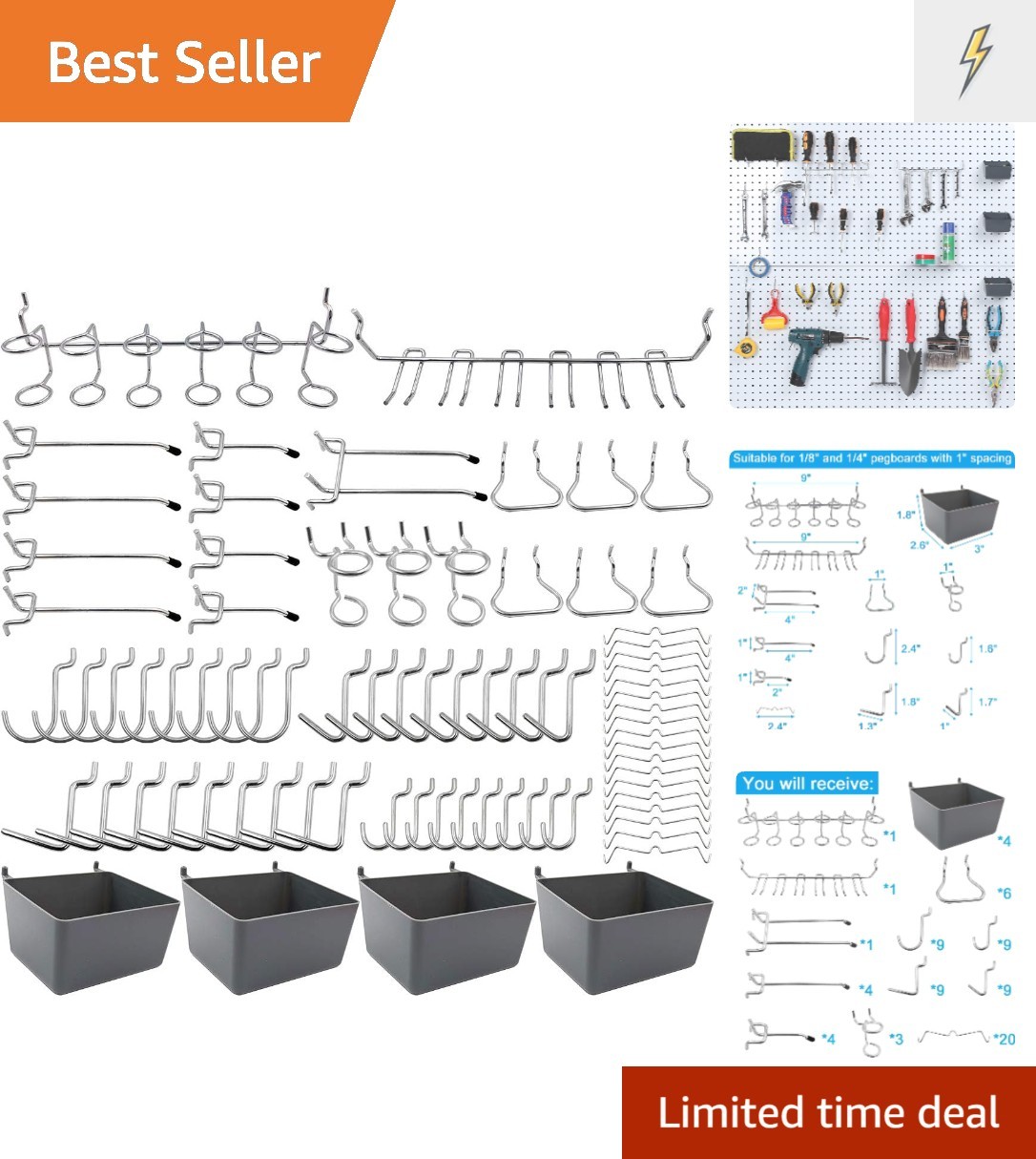 Versatile 80-Piece Pegboard Hook Kit with Bins - Perfect for Garage and Kitchen