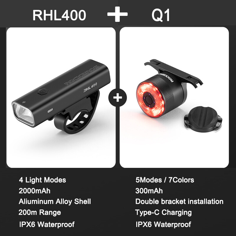 ROCKBROS Headlight and Taillight Combination Bike Front Rear Light Set USB-C LED
