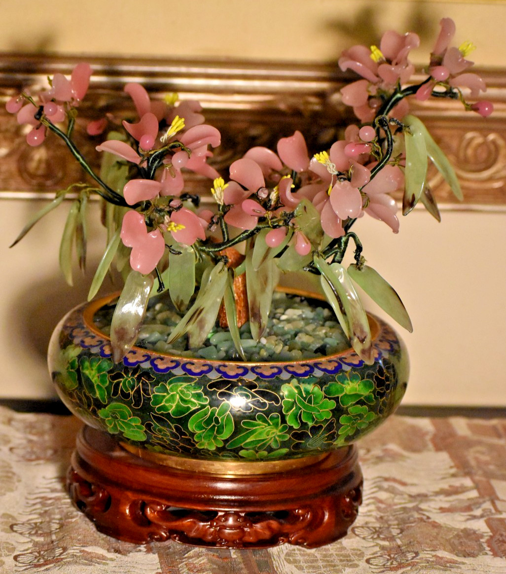 12" VINTAGE BONSAI PEKING JADE TREE IN CLOISONNE BOWL W/EBONY HANDCARVED STAND