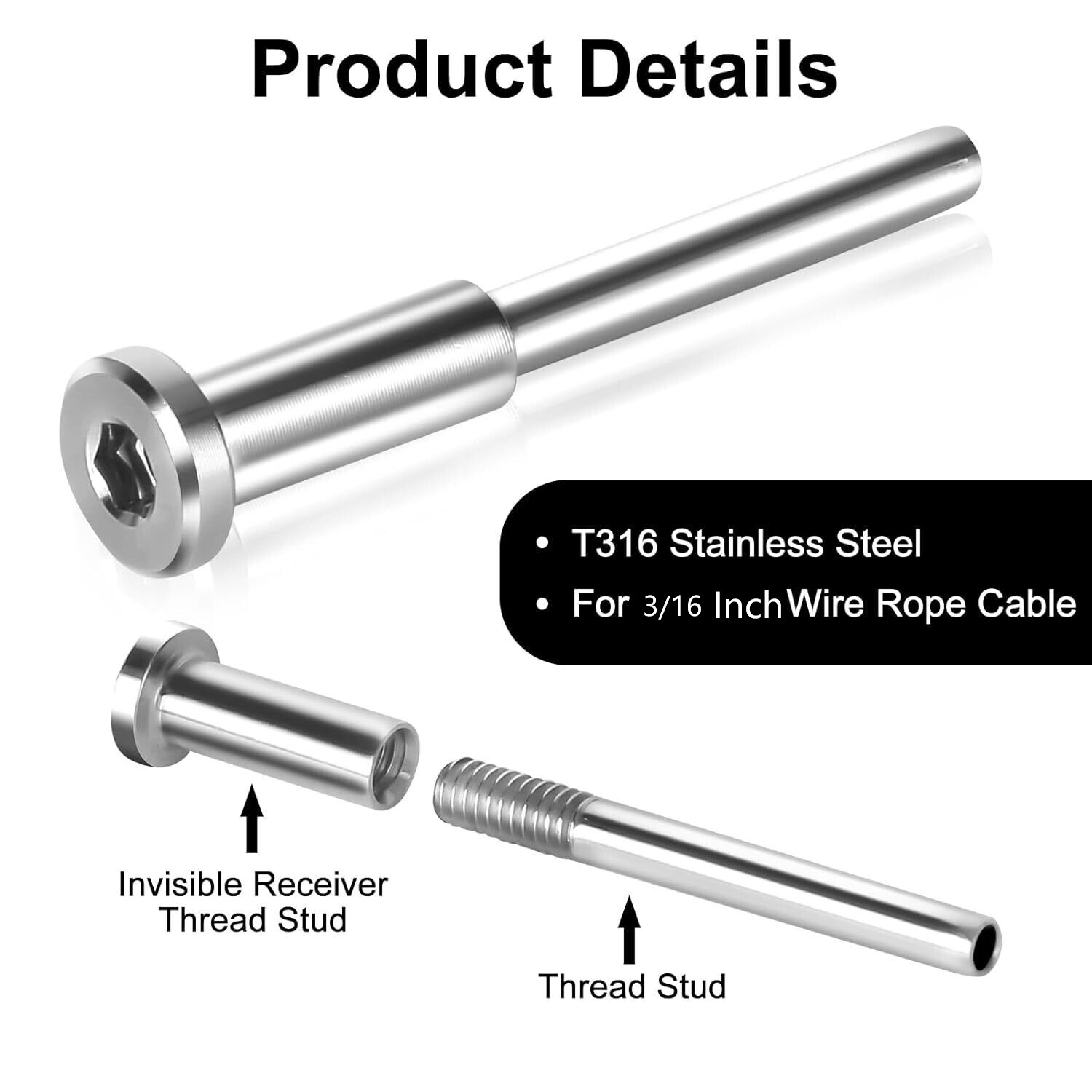 Lot T316 3/16" Stainless Steel Swage Threaded Invisible Tensioner Cable Railing
