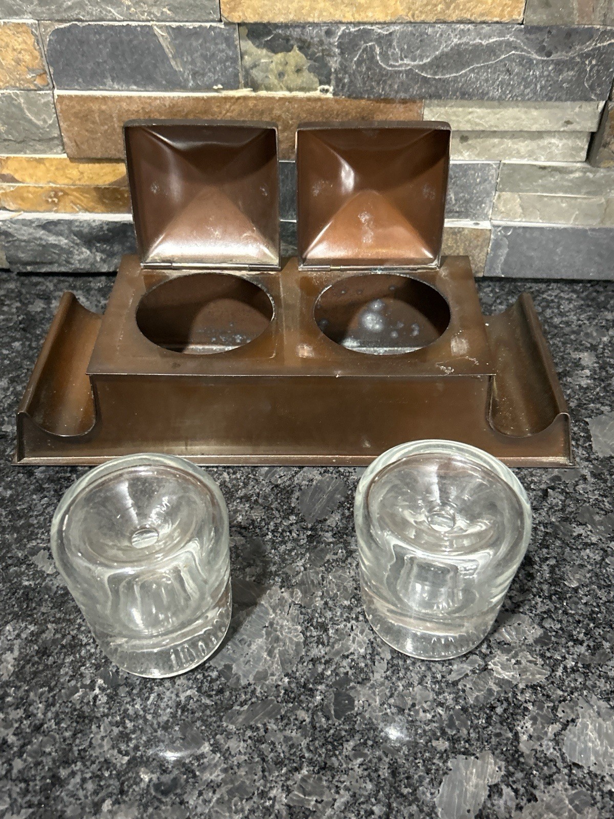 Antique Copper Brass Double Inkwell Desk Set Arts Crafts Glass Inserts