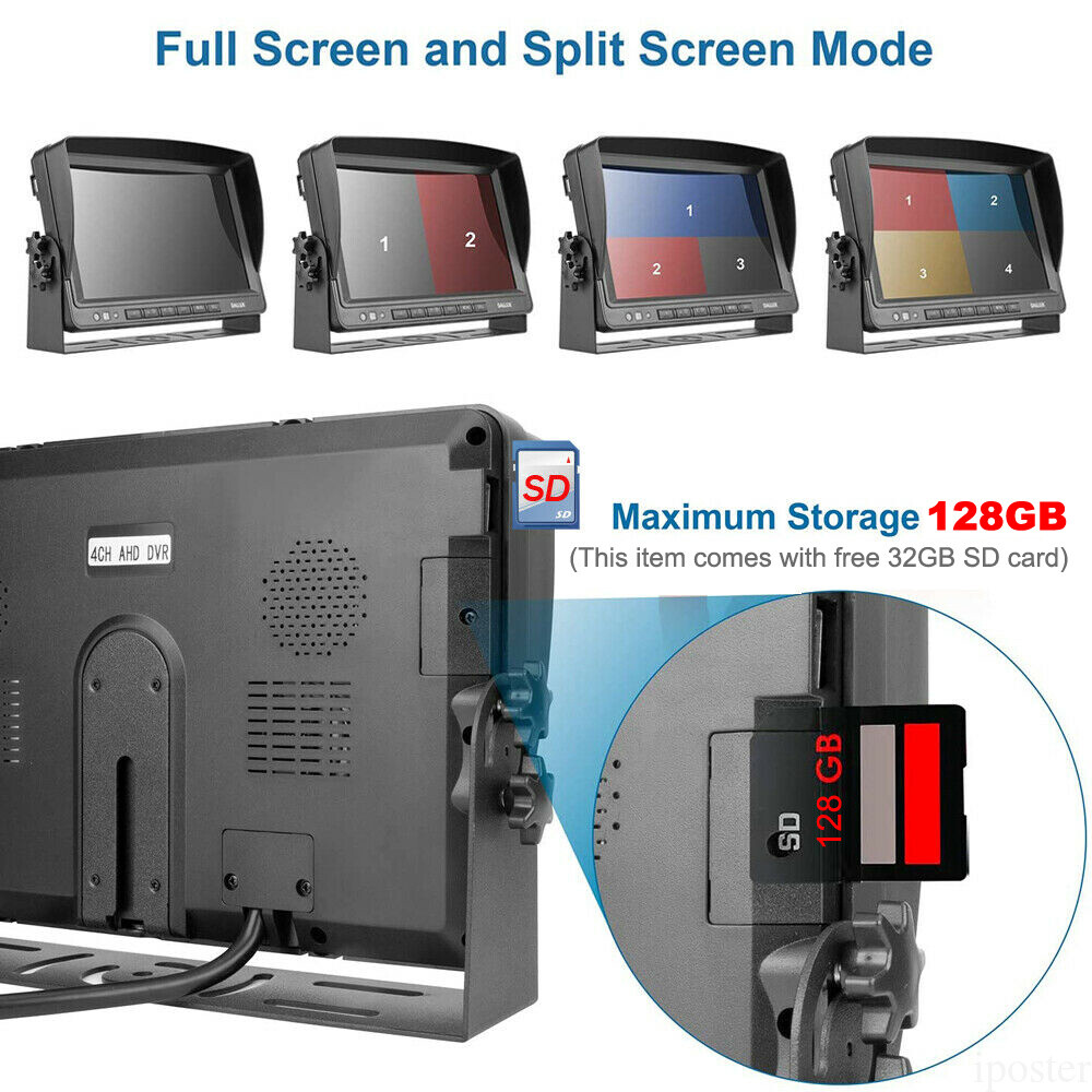 7" Quad Monitor DVR SD Recorder Side Rear View Camera System For Truck Trailer