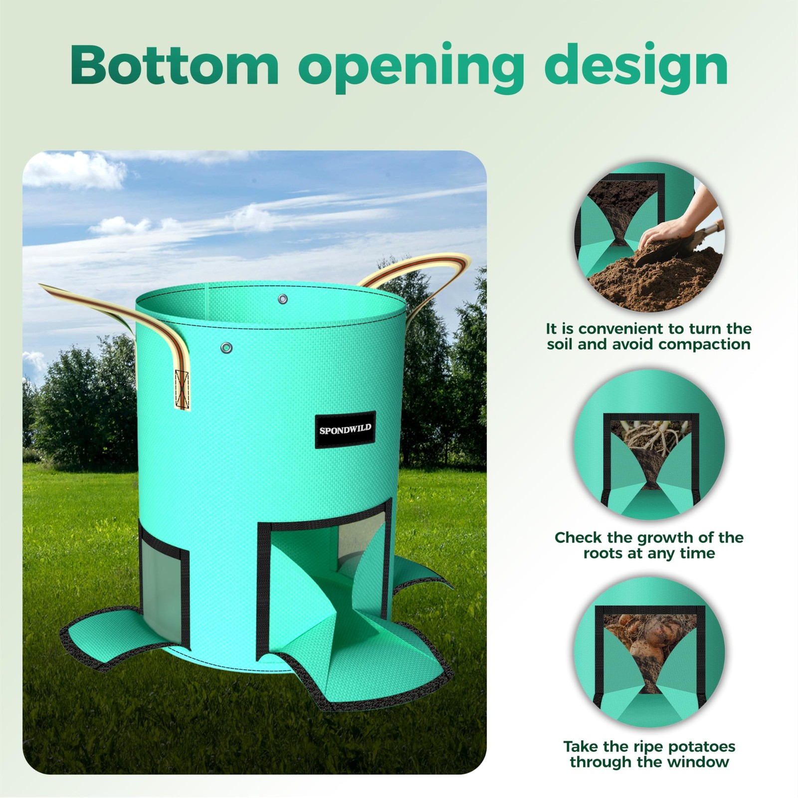 SPONDWILD 4 Pack 15 Gallon Potato Grow Bags, PE Garden 15 gallon, Green