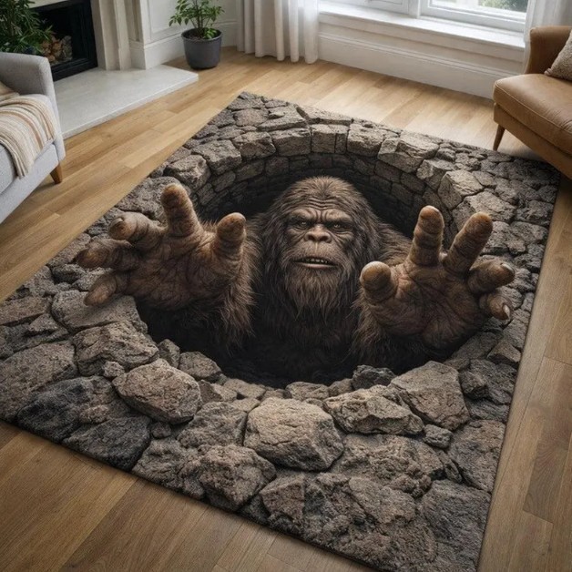 Bigfoot 3D Hole Area Rug, Sasquatch Illusion Rug, Funny Bigfoot Carpet