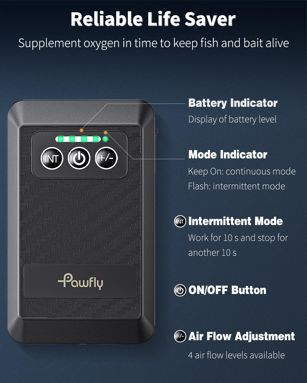 Pawfly Ultra Quiet Live Bait Aerator USB Rechargeable Battery Air Pump 5-100 New