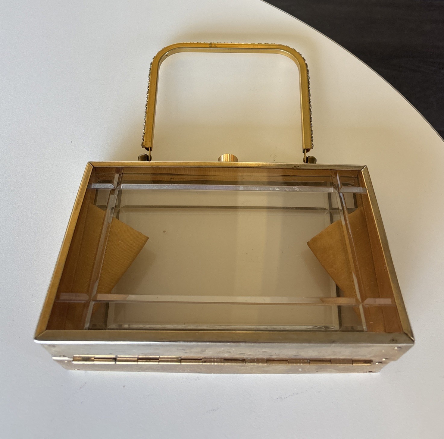 Vintage 1950s Tyrolean NY lucite and gold metal rhinestones box bag