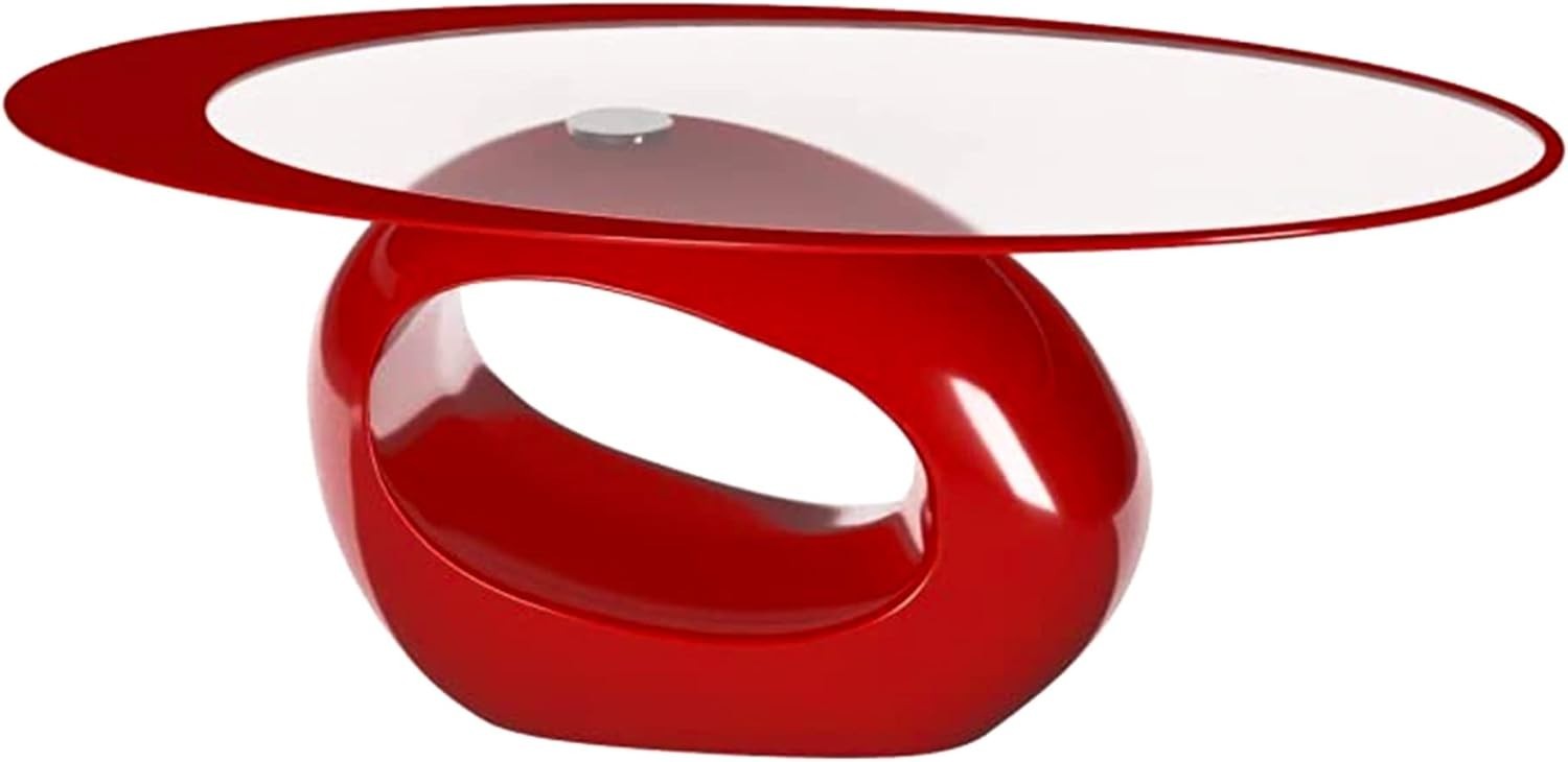Red High Gloss Coffee Table 10mm Tempered Glass Flat, Top Oval Modern Base