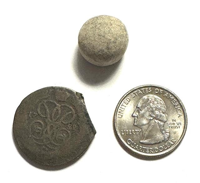 1759 Colonial Coin & Musket Ball dug Next to the Saratoga Battlefield NY