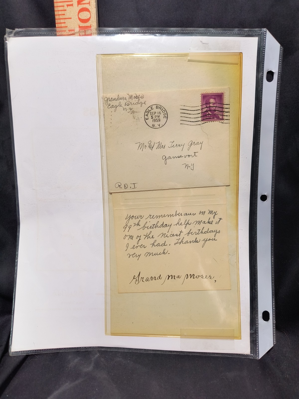 Grandma Moses, Hand Written Card, Signed, With COA, 99TH Birthday, Folk Artist