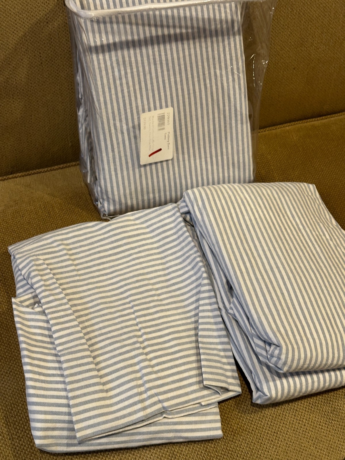 Pottery Barn Teen WASHED COTTON RUFFLE STRIPE QUEEN SHEET SET CHAMBRAY BLUE NEW
