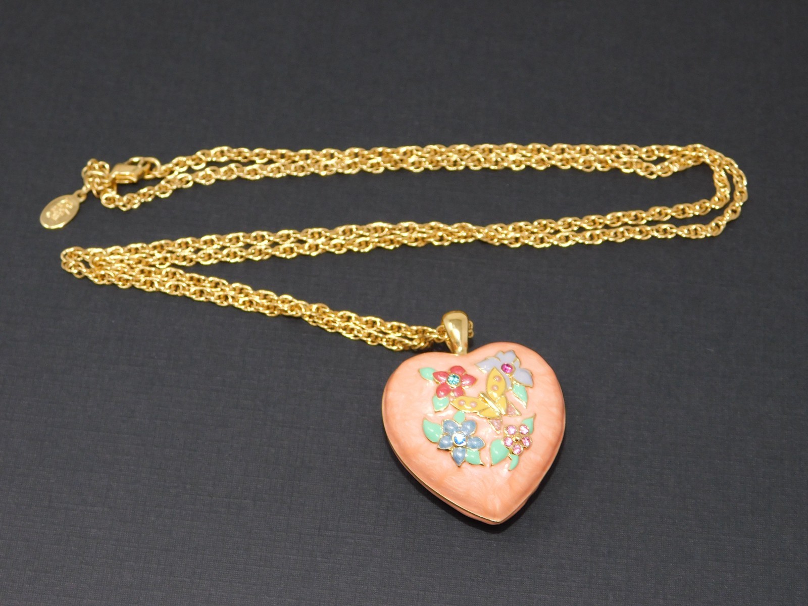 Vintage JOAN RIVERS Enamel & Crystal Floral Puffy Heart Pendant Chain Necklace