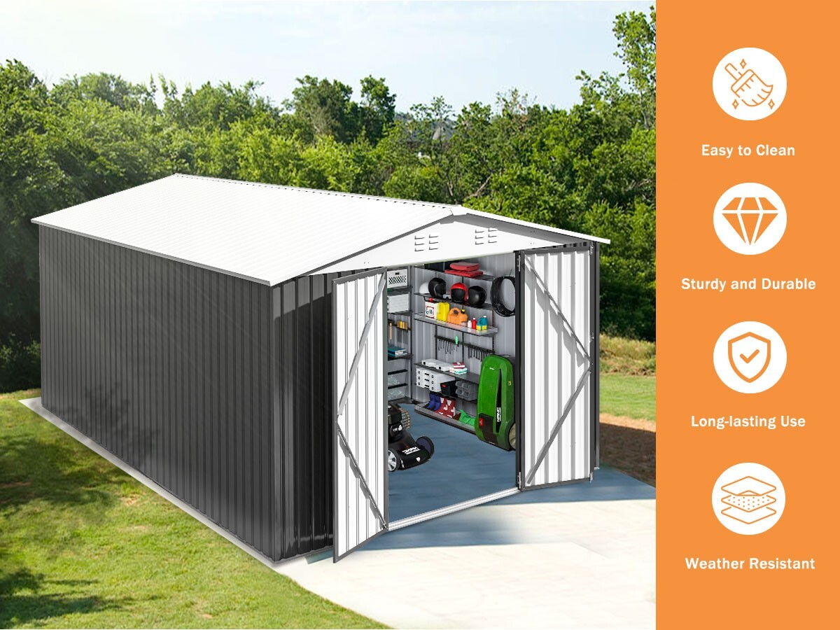 10x14FT Outdoor Metal Storage Shed with Durable Frame and Lockable Door, White