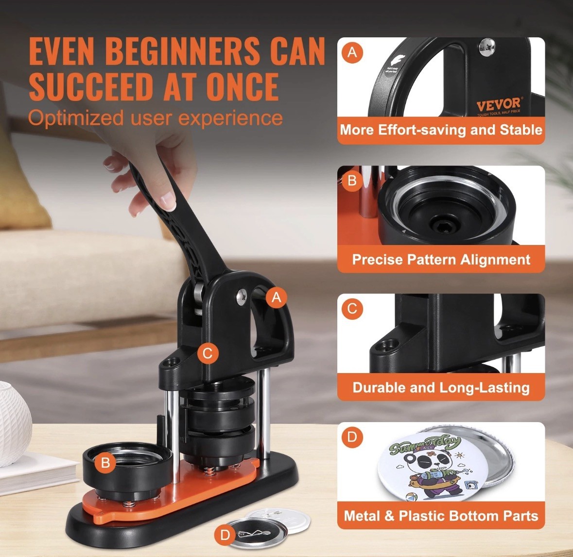 Button Maker Machine, 2.28 inch/58mm Pin Maker with 100pcs Button Parts, Ergono