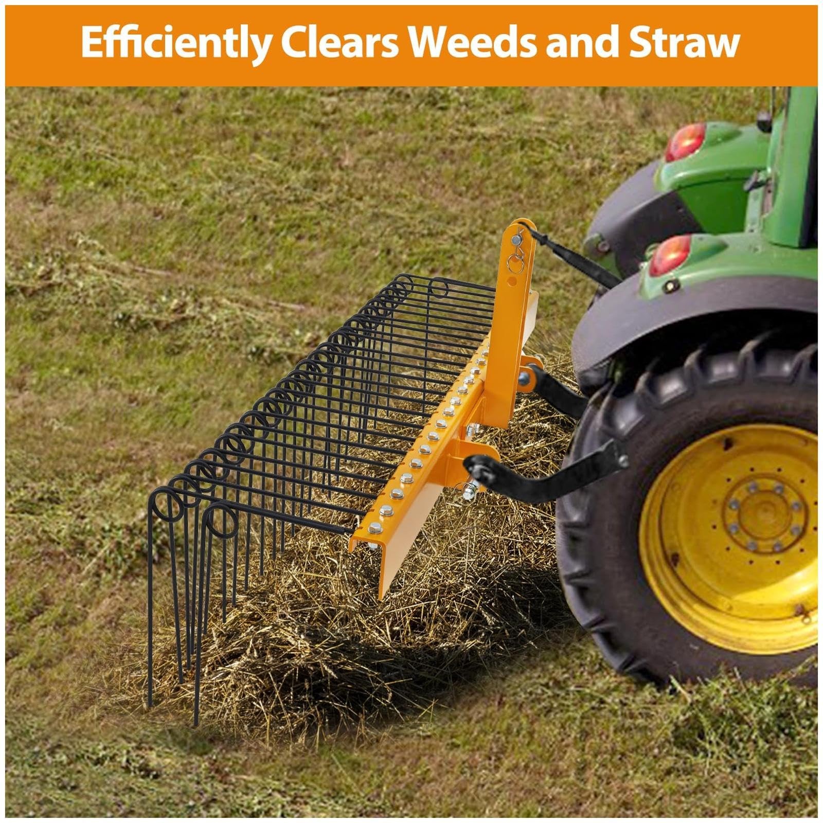Multi-Purpose 60 IN Pine Straw Rake w/26 Spring Steel Teeth for Cat 0/1 Tractors