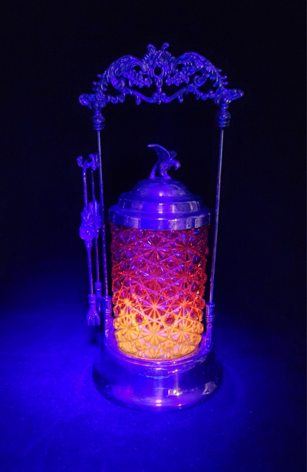 Antique Victorian Amberina Glass Daisy Button Pickle Castor Ornate Eagle Finial