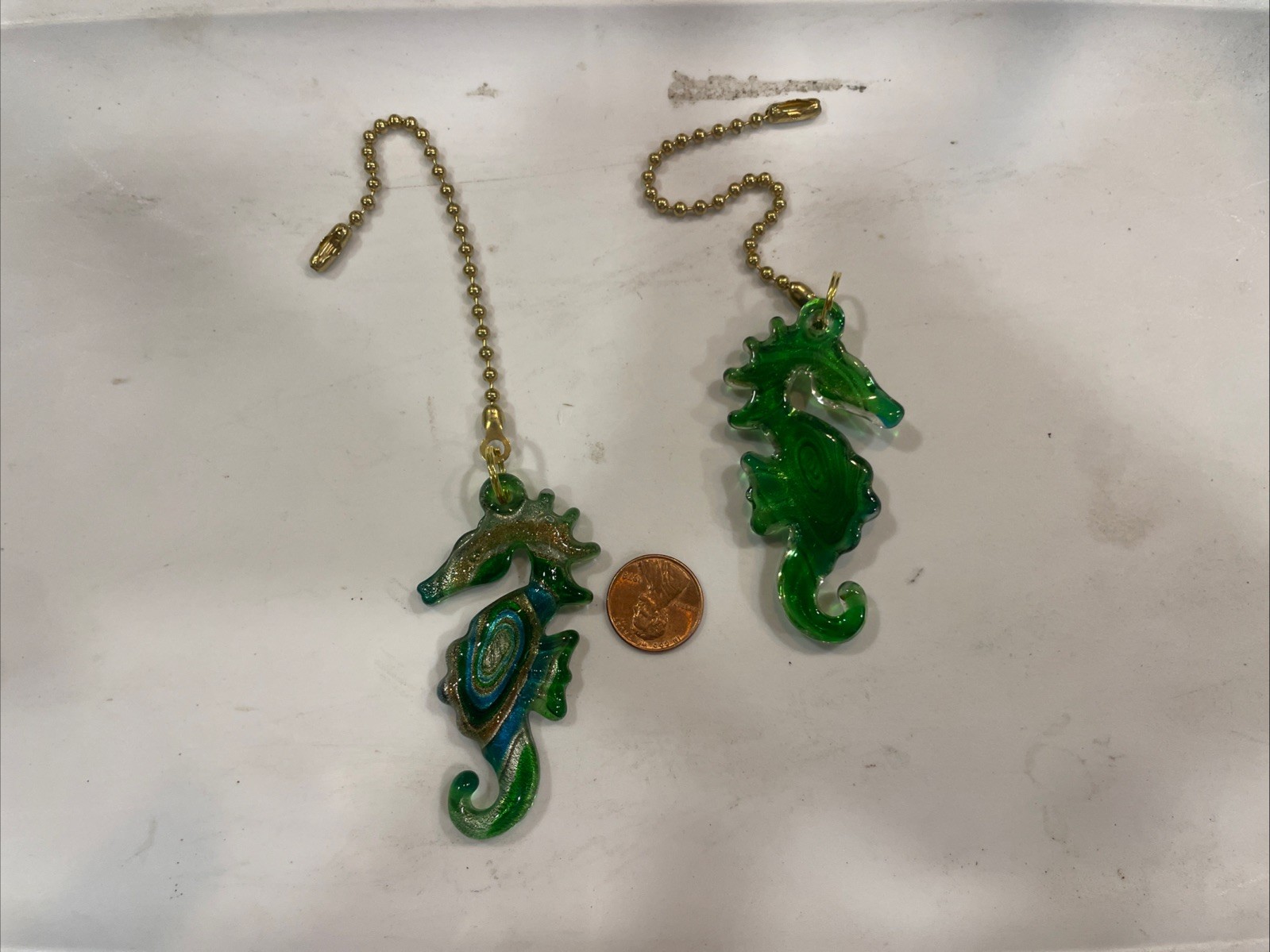 SEAHORSE COLORFUL BLUE/GREEN FLOWER BURST MURANO GLASS CEILING FAN PULL PAIR