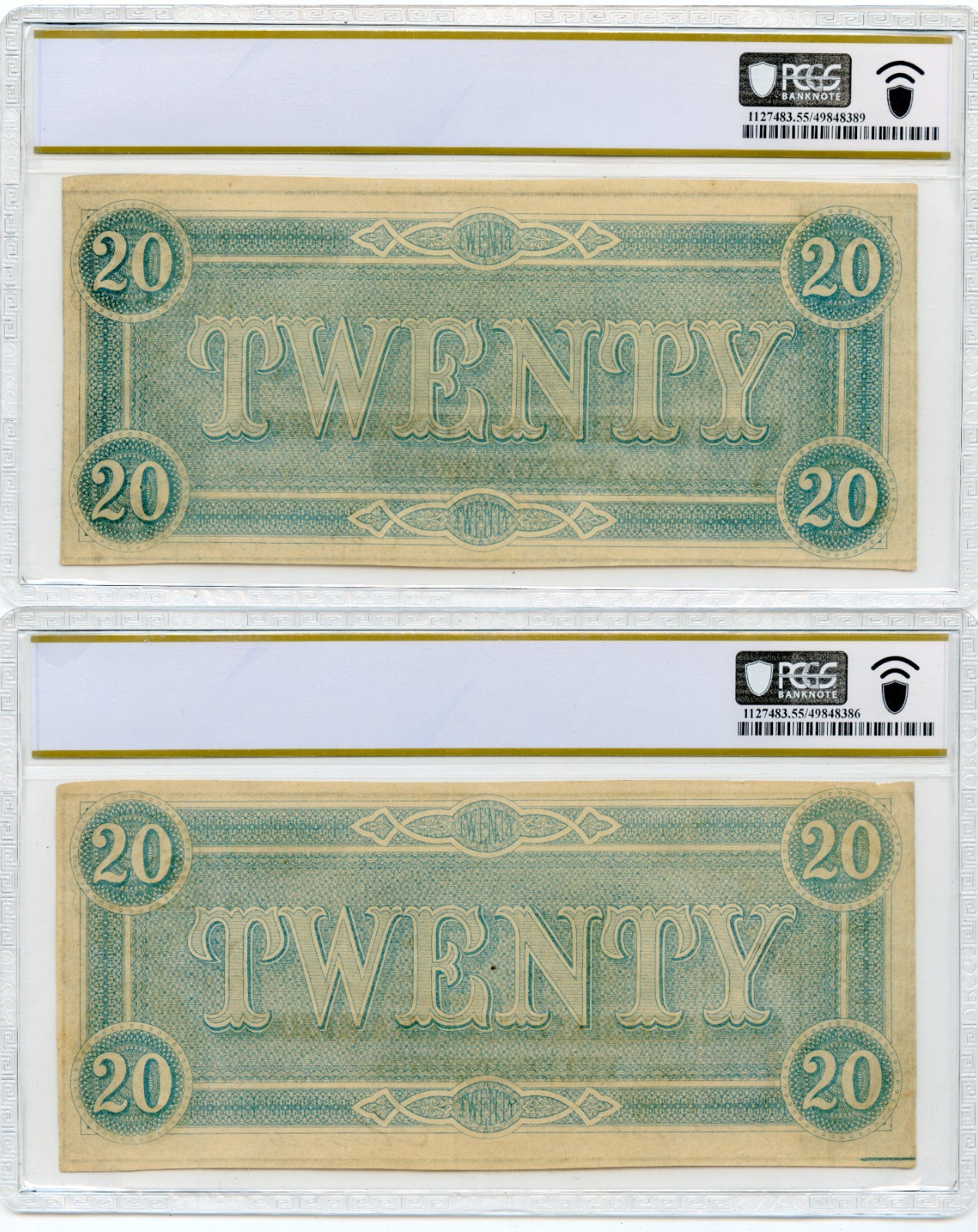 1864 $20 Confederate States of America T-67 w/ Consecutive Serial PCGS AU55-64