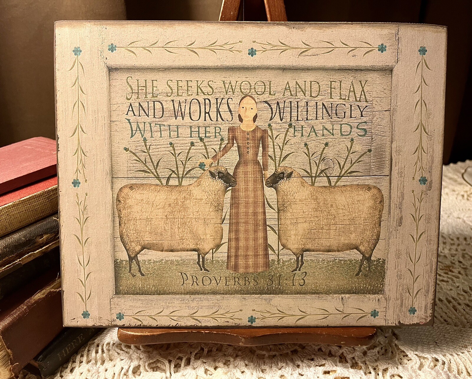 PRIMITIVE Folk Art,  Sheep Woman, Wool & Flax,  Artist Canvas Board Sign