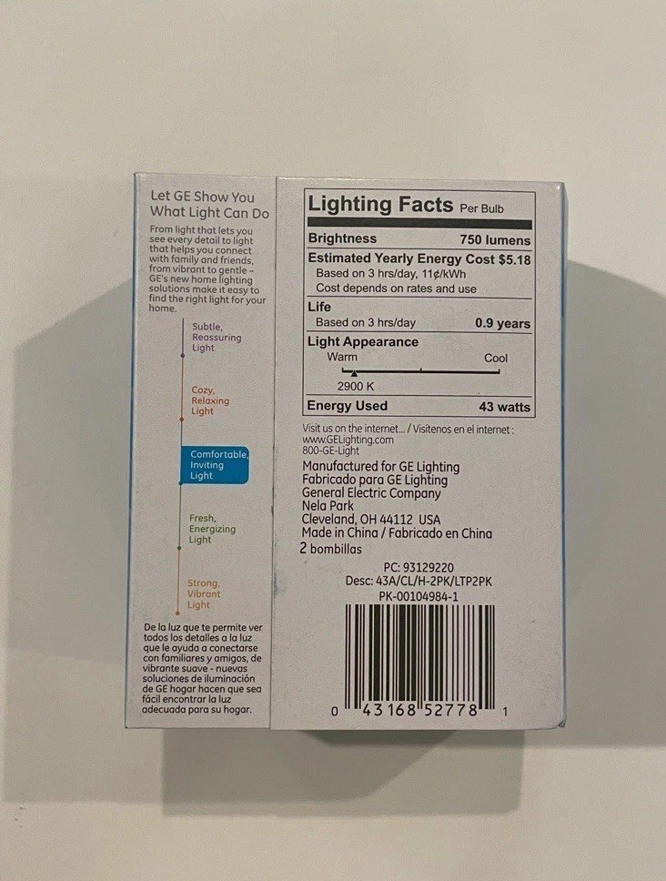 GE Crystal Clear 60W (Uses 43W) A19 Bulbs (2 Bulbs)