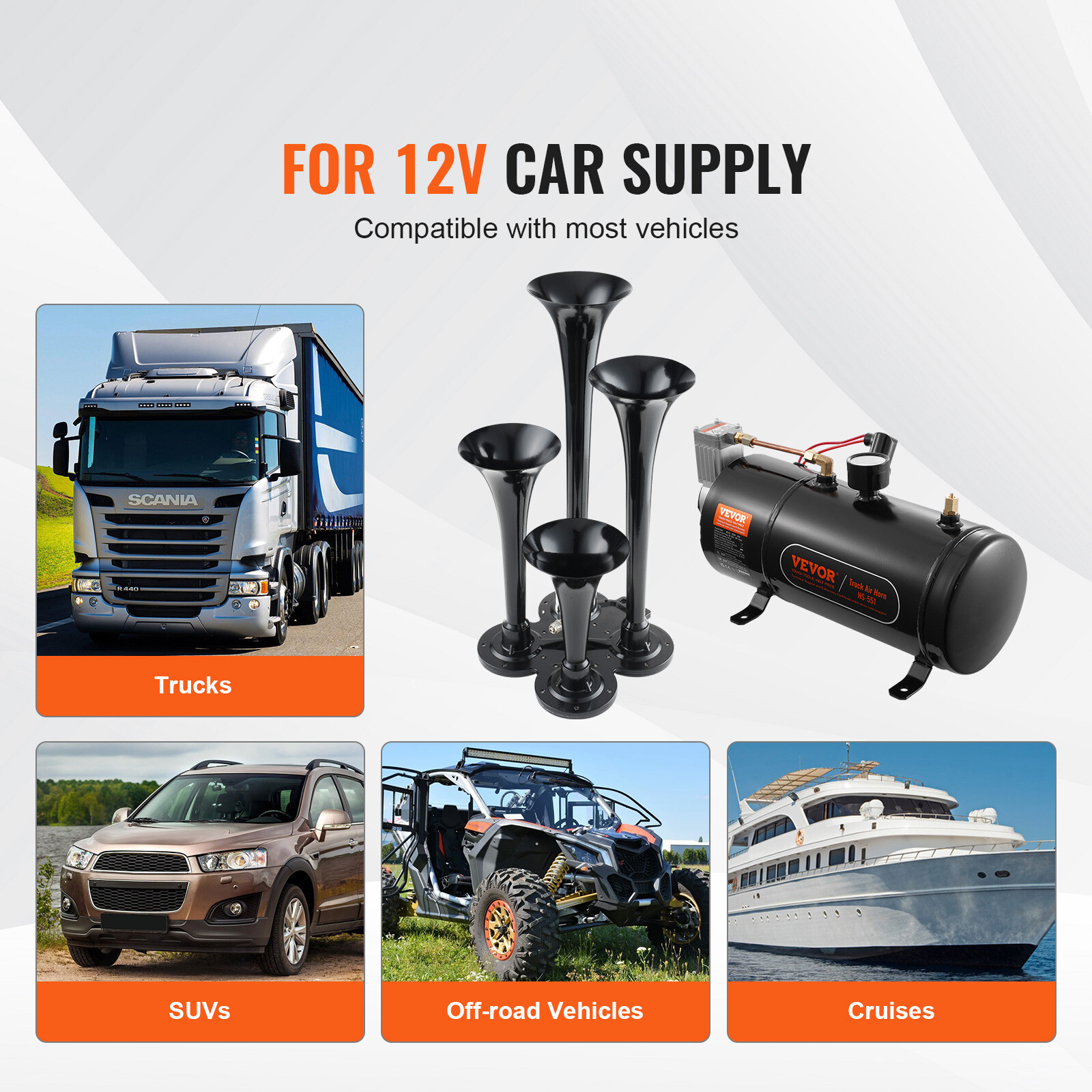 VEVOR Train Horns Kit 4 Trumpet Air Horn Kit 120 psi Air Compressor 0.8 Gal Tank