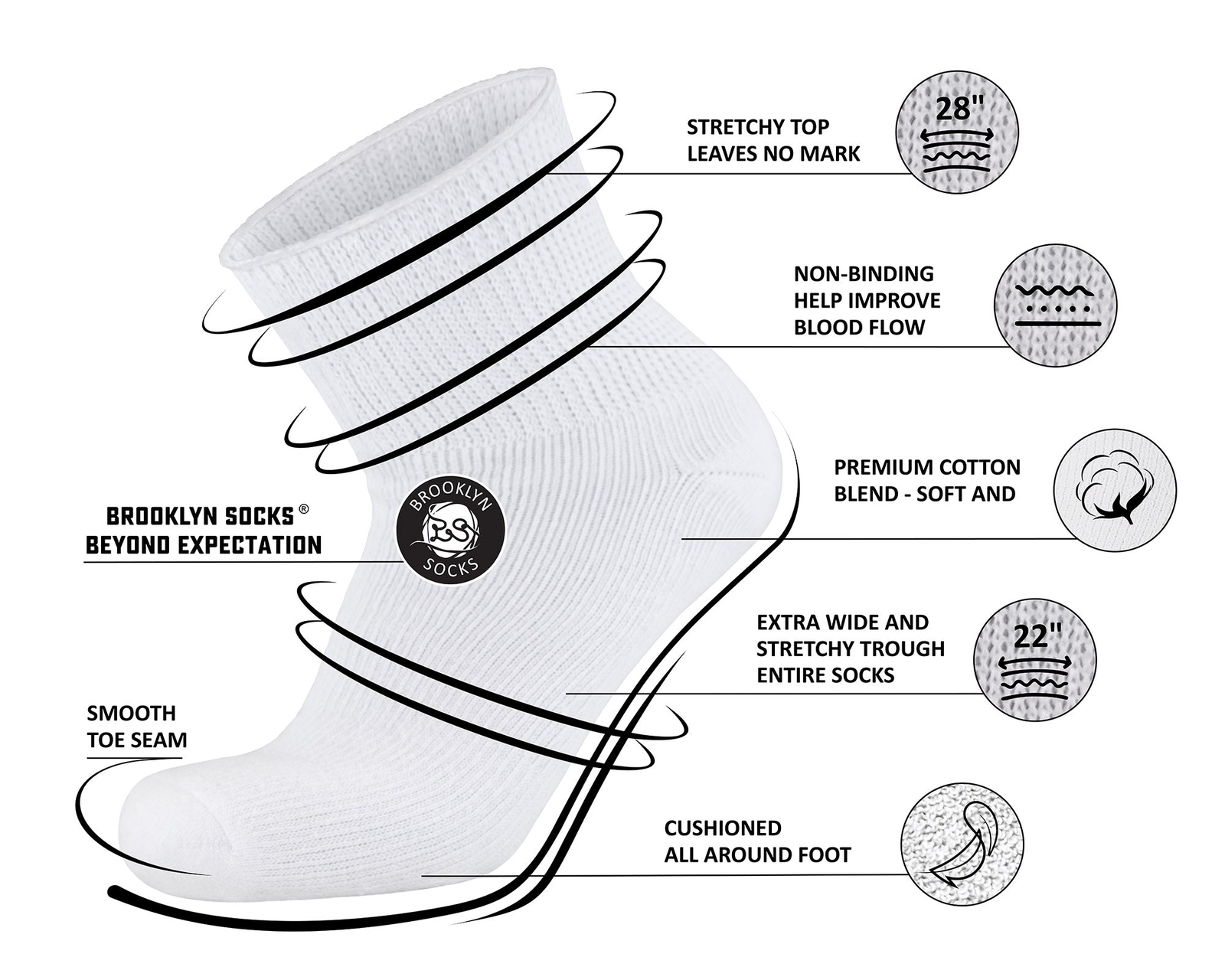 4 pairs Extra Wide Cotton Diabetic Quarter/Over-the-Ankle Health Socks (10-16)