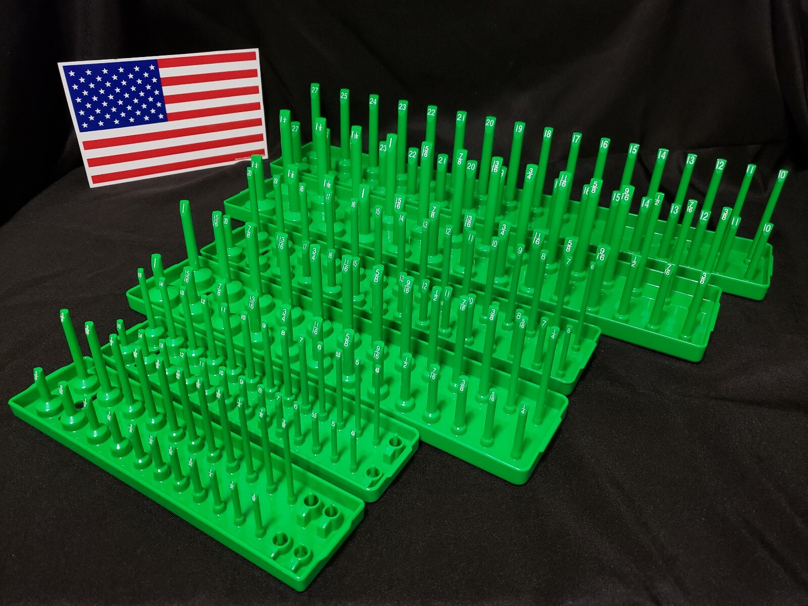 Hansen 6 Pc Socket Tray Metric SAE Tool Rack Holders 1/4" 3/8" 1/2" Green - USA