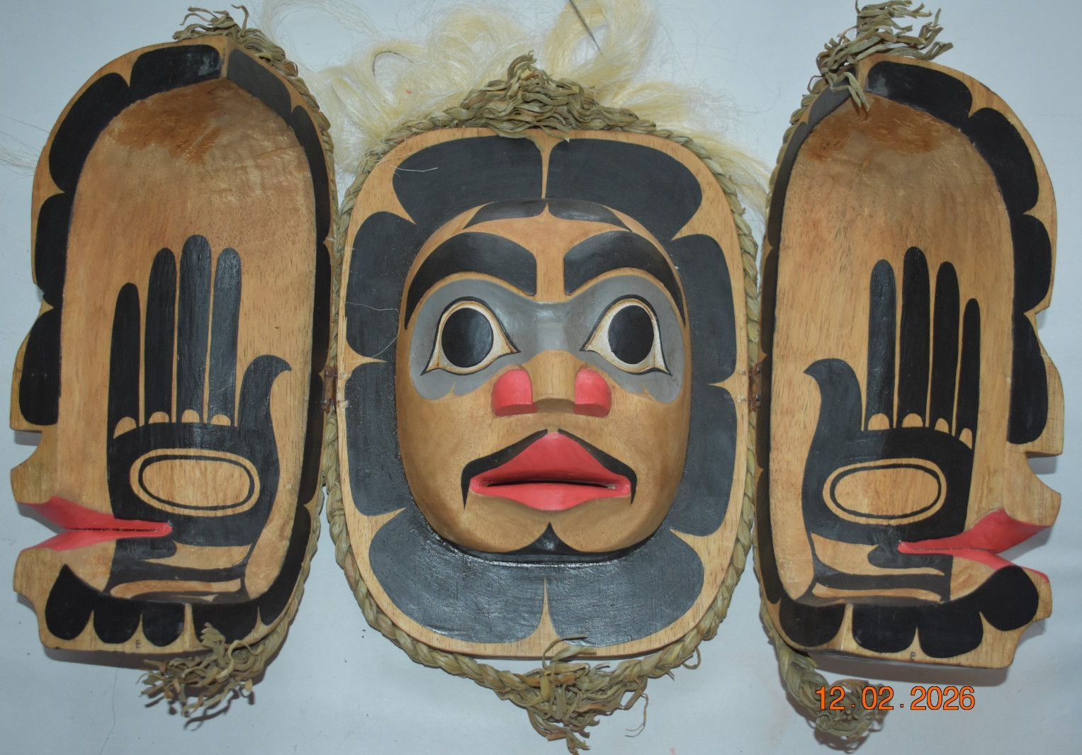 NORTHWEST COAST STYLE SHAMANS TRANSFORMATION MASK, HAIR 21" OPEN 1900S