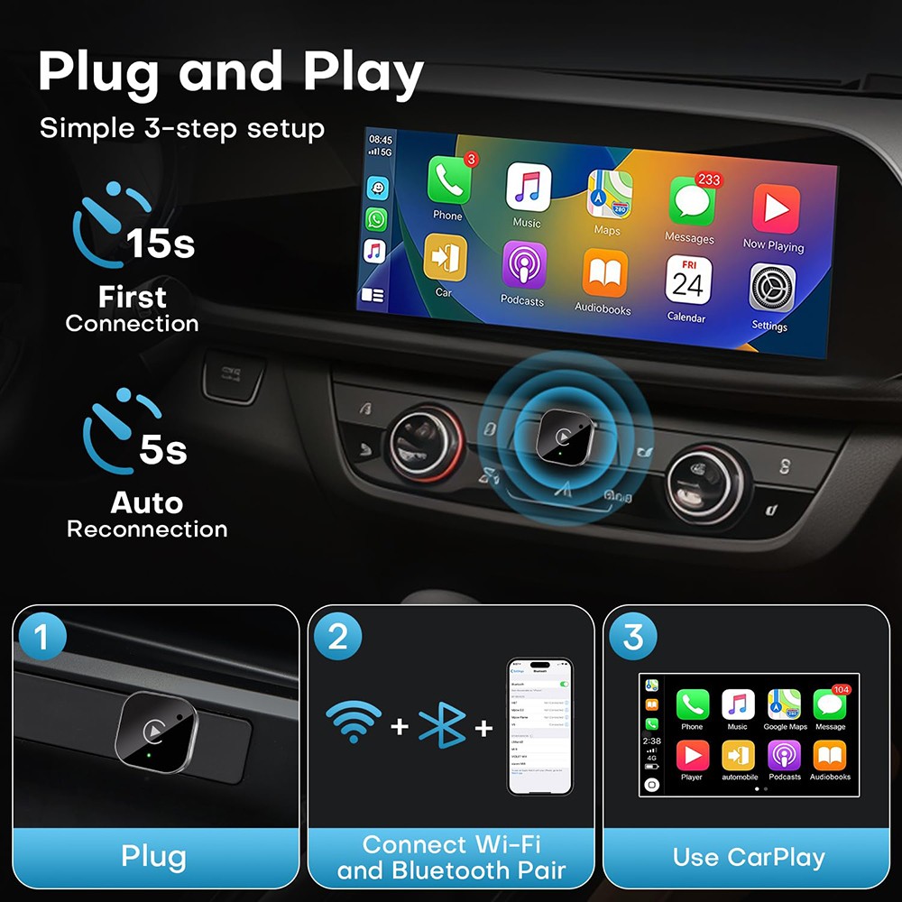 Wireless CarPlay Adapter for Apple iPhone & Android Auto USB Adapter Plug & Play